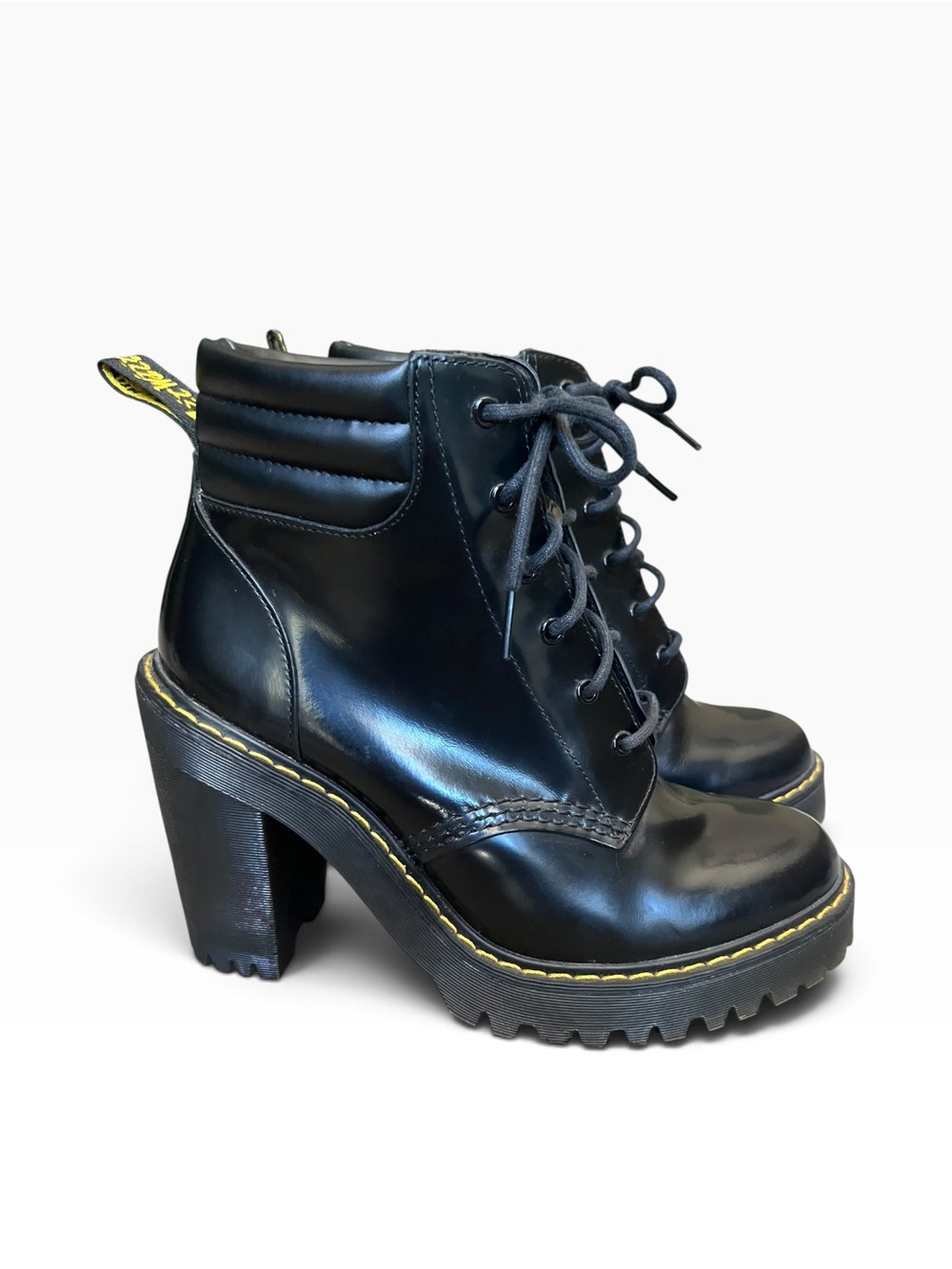 Dr. Martens Black Leather Lace-Up Chunky Heel Ankle Boots with Yellow Stitching